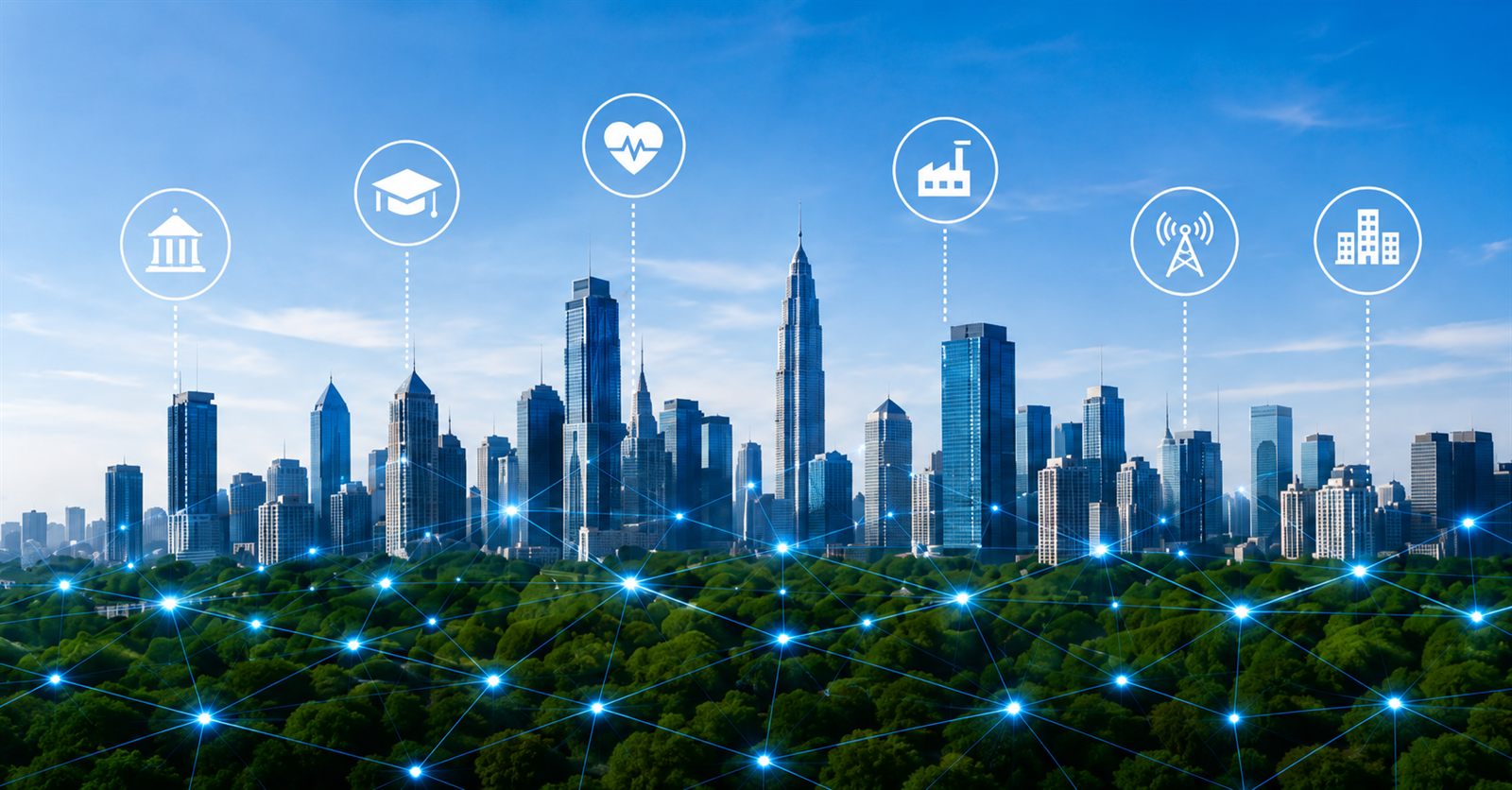 A connected city skyline with markers for each industry NAIS serves