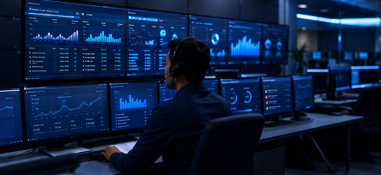 A NAIS engineer monitoring systems at the 24/7 network operations centre
